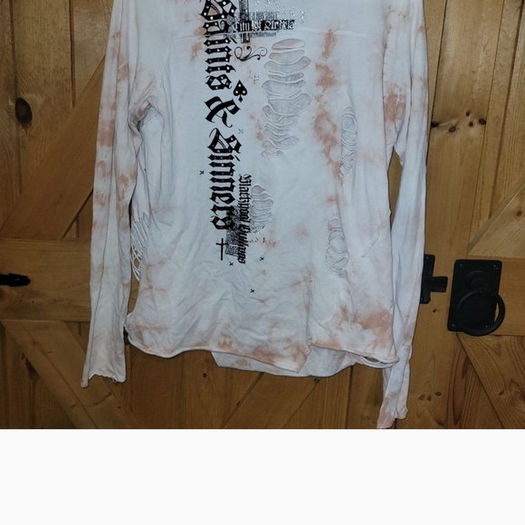 Affliction Saints & Sinners Distressed Long Sleeve Shirt with Angel Wings. L - Picture 5 of 7